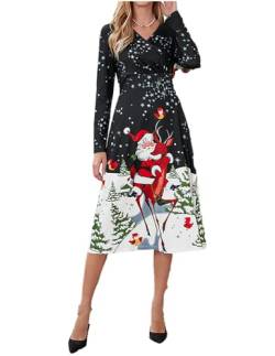 JENJON Damen Weihnachtskleid Langarm V-Ausschnitt Vintage Elegant Weihnachten Print Kleid Casual Neujahrspartykleid Schwarz-1 M von JENJON