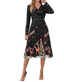 JENJON Damen Weihnachtskleid Langarm V-Ausschnitt Vintage Elegant Weihnachten Print Kleid Casual Neujahrspartykleid Schwarz-3 XL von JENJON