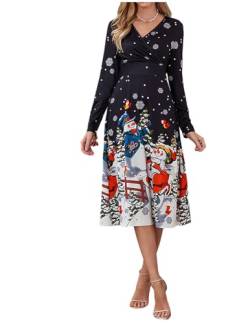 JENJON Damen Weihnachtskleid Langarm V-Ausschnitt Vintage Elegant Weihnachten Print Kleid Casual Neujahrspartykleid Schwarz-4 L von JENJON