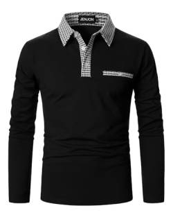 JENJON Herren Poloshirt Lange Ärmel Klassisch Karierte Spleiß Shirt Golf Polohemd Kontrastfarbe Ausschnitt Polo Herbst und Winter Schwarz L von JENJON