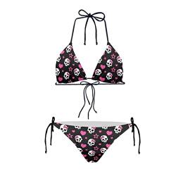 JEOCODY Damen High Waist Halfter Bikini Set Zweiteilige Badeanzüge Triangle Bikini Sets, Rosa Herz- und Totenkopf-Aufdruck, Large von JEOCODY