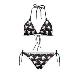 JEOCODY Damen High Waist Neckholder Bikini Set Zweiteilige Badeanzüge String Triangle Bikini Sets, Pink Totenkopf, S von JEOCODY