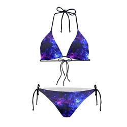 JEOCODY Damen High Waist Neckholder Bikini Set Zweiteilige Badeanzüge String Triangle Bikini Sets, galaxy blue, XL von JEOCODY