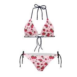 JEOCODY Damen High Waist Neckholder Bikini Set Zweiteilige Badeanzüge Triangel Bikini-Sets, Erdbeermuster-rosa, S von JEOCODY