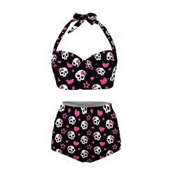 JEOCODY Zweiteiliger Vintage-Badeanzug für Damen, Retro, Neckholder, gerüscht, hohe Taille, Bikini mit Unterteil, Rosa Herz- und Totenkopf-Aufdruck, XX-Large von JEOCODY