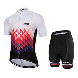 JEPOZRA Fahrradtrikot Herren MTB Kleidung Sommer Lycra Radbekleidung Atmungsaktiv Radtrikot Kurzarm + Fahradhose mit Sitzpolster 4D für Fahrrad Rennrad Mountainbike (XL, Rot weiß) von JEPOZRA