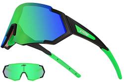 JEPOZRA Sonnenbrille Herren Polarisiert Schnellebrille mit 3 Wechselgläser Sports Fahrradbrille Anti-UV400， für MTB Klettern Angeln Skifahren Unisex (Black green) von JEPOZRA