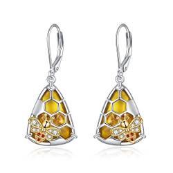 Bienen Bernstein Ohrringe Silber 925 Bienenwabe mit Bienen Leverback Ohrringe Hängend Bienen Bernstein Schmuck Geschenke für Damen Mädchen Mutter Bienenliebhaber von JERWLI