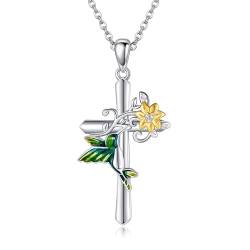 JERWLI Kolibri Kreuz Halskette S925 Sterling Silber Fliege grünes Hummingbird Cross Halsketten mit Sonnenblumenschmuck Geschenke für Frauen Mädchen Vogel Liebhaber von JERWLI