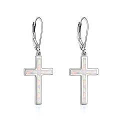 Opal Kreuz Ohrringe für Damen 925er Sterlingsilber Leverback weißer Opal Baumelnde Kreuz Ohrringe für Mädchen von JERWLI