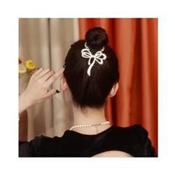 Haarspange mit Schleife, leicht, luxuriös, Premium-Gefühl, Elch-Haarnadel, Blume, glitzernde, elegante Perlen-Haarspange (goldene Schleife) von JERZO
