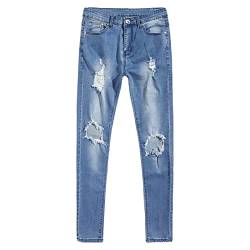 Elastische Knieloch Jeans für Herren Zerrissene Destroyed Slim Fit Jeanshose Enge Distressed Jeanshose mit Schmal Zulaufendem Bein (32,Hellblau) von JEShifangjiusu