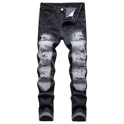 Herren Jeans mit Zerrissenen Patches im Retro Stil Regular Fit Jeans mit Destroyed Patch in Distressed Optik Hip Hop Denimhose mit Geradem Bein (30,Schwarz) von JEShifangjiusu