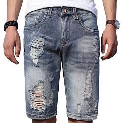 Herren Vintage Distressed Denim Short Regular Fit Ripped Straight Jeans Shorts Sommer Lässige Jeanshose mit Ausgefransten Löchern (Hellblau,29) von JEShifangjiusu