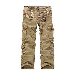 JEShifangjiusu Herren Camouflage Multi-Pocket Overalls Hose Mid-Waist Casual Straight Slacks Cotton Micro-Elastic Zipper Pants (Kaki-Farbe 1pc,34) von JEShifangjiusu