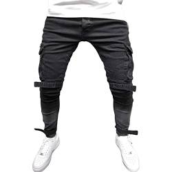 Lässige Denim Cargo Jeans für Herren Slim Fit Stretch Jeans mit Mehreren Taschen Distressed Hip Hop Gewaschene Jeanshose (34,Schwarz) von JEShifangjiusu