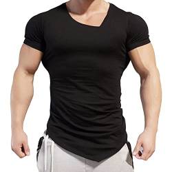 MäNner Mit V-Ausschnitt Von MäNnern, UnregelmäßIges T-Shirt Slim-Fit Casual Cotton Top Fitness Solid Color Short Sleeve (Schwarz 1 PC,M) von JEShifangjiusu