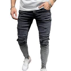 Skinny Zerrissene Jeans für Herren Destroyed Distressed Jeans mit Schmal Zulaufendem Bein Holes Slim Fit Stretch Biker Denimhose (XXL,Grau) von JEShifangjiusu