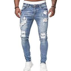Skinny Zerrissene Stretch Jeans für Herren Destroyed Distressed TapeRot Leg Jeanshose Holes Schmal Geschnittene Biker Jeanshose (3XL,Hellblau) von JEShifangjiusu