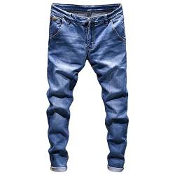 Slim Fit Stretch Jeans für Herren Klassische Einfarbige Jeanshose mit Schmal Zulaufendem Bein Komfort Jeans mit Retro Waschung in Distressed Optik (33,Hellblau) von JEShifangjiusu