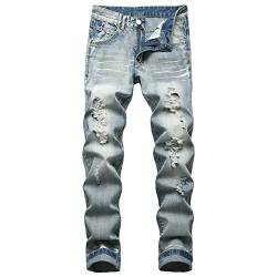 Zerrissene, Gewaschene Slim Fit Jeans für Herren Moto Biker Denimhose mit Geradem Bein Vintage Distressed Hip Hop Jeanshose (30,Blau) von JEShifangjiusu