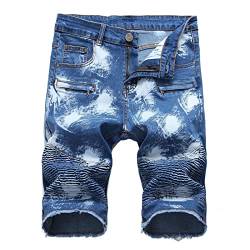 Zerrissene Biker Jeans Shorts für Herren mit Plissiertem Reißverschluss Bequeme Distressed Denim Shorts mit Ausgefransten Löchern Gerade Kurze Jeanshose (Blau 1,32) von JEShifangjiusu