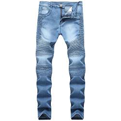 Zerrissene Moto Biker Jeans für Herren Schmal Geschnittene Distressed Denim Hose mit Gerader Passform Skinny Washed Hip Hop Jeans mit Loch (28,Blau) von JEShifangjiusu