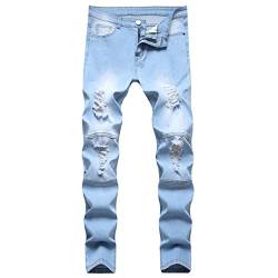 Zerrissene Röhrenjeans für Herren Distressed Holes Slim Fit Biker Jeans Hip Hop Denimhose mit Geradem Bein im Destroyed Stil (36,Blau) von JEShifangjiusu
