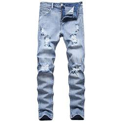 Zerrissene Slim Fit Jeans für Herren Distressed Destroyed Jeanshose mit Geradem Bein Retro Hip Hop Gewaschene Jeanshose (32,Hellblau 1) von JEShifangjiusu