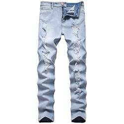 Zerrissene Slim Fit Jeans für Herren Distressed Destroyed Jeanshose mit Geradem Bein Retro Hip Hop Gewaschene Jeanshose (32,Hellblau 2) von JEShifangjiusu