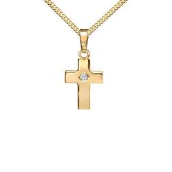 Kreuz-Anhänger Symbol für Damen, Herren und Kinder als Kettenanhänger massives Gold-Kreuz 585 Gold 14 Karat mit Zirkonia + Schmuck-Etui und Halskette von JEVELION