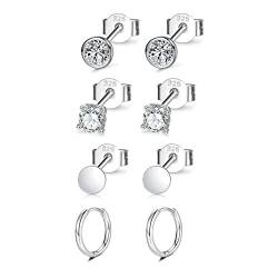 Ohrringe Silber Creolen Silber 925 Runde Zirkonia Ohrstecker Ohrringe Set für Damen Mädchen Herren (4mm*3, 12mm*1) von JEWTOP