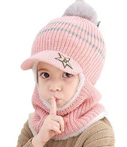 JFAN Baby Warm Strickmütze mit Visier Gehäkeltes Fell Wintermütze Für Kinder mit Ohrenklappen Kleinkind Earflap Fleece Beanie Ski Unisex Mehrfarbig Rosa von JFAN