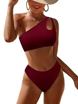 JFAN Badeanzug Damen Frauen Eine Schulter Patchwork Sexy Solid Halfter Gepolstert Push Up Bikini Set Zweiteiliger Badeanzug,Rotwein XL von JFAN