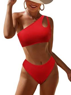 JFAN Badeanzug Damen Frauen Eine Schulter Patchwork Sexy Solid Halfter Gepolstert Push Up Bikini Set Zweiteiliger Badeanzug,rot L von JFAN