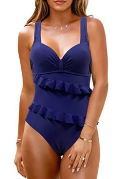 JFAN Badeanzug Damen mit Doppelter Rüsche Push Up Badeanzug Damen Bauchweg mit Bügel Blau XL von JFAN