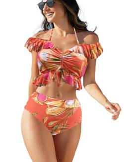 JFAN Bikini Set Off Shoulder Ruffled Flounce Halter Crop Top High Waisted Bottom Tummy Control Swimsuits für Frauen Frucht Orange S von JFAN