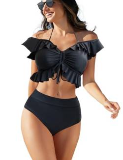 JFAN Bikini Set Off Shoulder Ruffled Flounce Halter Crop Top High Waisted Bottom Tummy Control Swimsuits für Frauen Schwarz L von JFAN