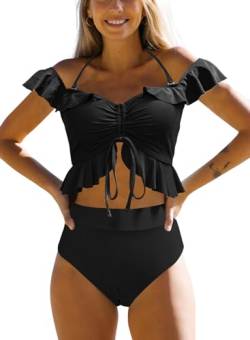 JFAN Bikini Set Off Shoulder Ruffled Flounce Halter Crop Top High Waisted Bottom Tummy Control Swimsuits für Frauen Schwarz XL von JFAN
