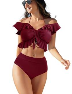 JFAN Bikini Set Off Shoulder Ruffled Flounce Halter Crop Top High Waisted Bottom Tummy Control Swimsuits für Frauen Weinrot XL von JFAN