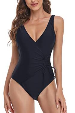 JFAN Damen Badeanzug Monokini Strandmode Badeanzüge für Damen V Ausschnitt Bikini Colour Blocking und Strap on Einteiliger Badeanzug Schwarz L von JFAN