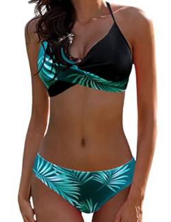 JFAN Damen Badeanzug Push Up Gepolsterter BH Bikini Damen Zweiteiler Bademode Strandkleidung Schwarze Grüne Blätter M von JFAN