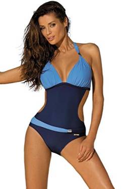 JFAN Damen Badeanzug V Ausschnitt Monokini Bauchkontrolle Bauchweg Einteilige Bademode Farbblock Swimsuit Halfter Rückenfrei Siamese Schwimmanzug Ferien Blauer See L von JFAN