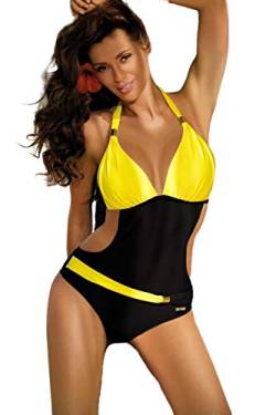 JFAN Damen Badeanzug V Ausschnitt Monokini Bauchkontrolle Bauchweg Einteilige Bademode Farbblock Swimsuit Halfter Rückenfrei Siamese Schwimmanzug Ferien Gelb L von JFAN