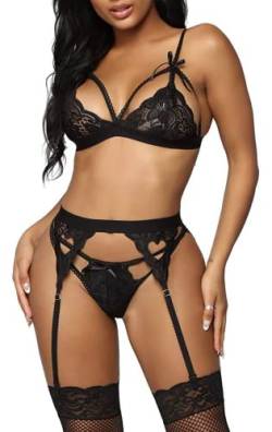 JFAN Dessous Damen Unterwäsche-Set aus Spitze Intimbekleidung mit V-Ausschnitt BH-Set 3 Stück Set Schwarz XL von JFAN