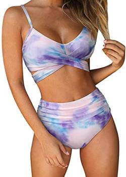 JFAN Frauen Rüschen Bikini Set Kreuz Wrap Push Up Top hohe Taille unten Krawatte zurück 6 Stück Badeanzug Krawattenfärbung,S von JFAN