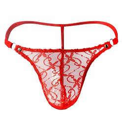 JFAN Männer Tanga Slips Herrentanga aus Spitze mit Blumendruck Mini-String Unterwäsche Rot von JFAN