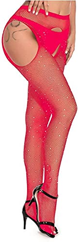 JFAN Netzstrumpfhose Damen Hochtaillierte Netzstrümpfe mit Glitzernden Diamanten Schwarz Strumpfhosen Clubwear Rot von JFAN