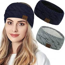 JFAN Stirnband Damen Winter Gestricktes Haarbänder Flauschig Weicher Ohrwärmer 2 Stück Navy+Hellgrau von JFAN