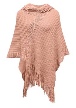 JFAN Strick Ponchos mit Damen Kapuze Cape Pullover Fransen Strickpullover Vielseitiger Kapuzen Schal Warm Coat Hoodie Rosa One Size von JFAN